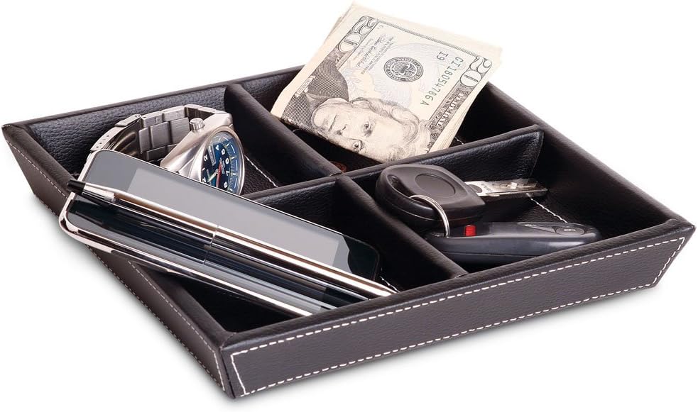Jeffrey 4 Compartment Valet Tray and Leatherette Organizer Box for Wallets, Coins, Keys, and Jewelry