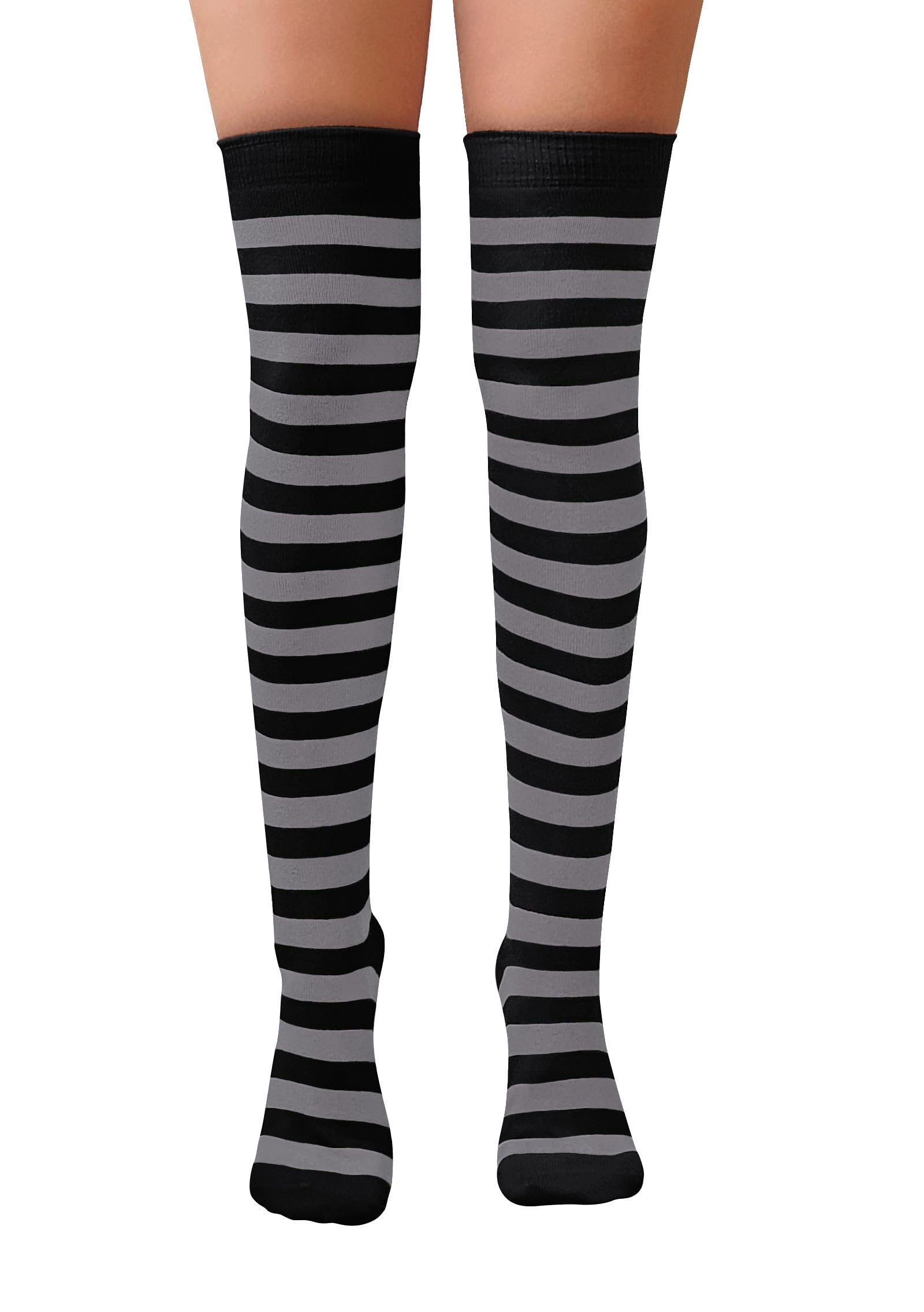Nujake Girls Grey & Black Striped Socks Over The Knee Cotton Rich Halloween Cosplay Dress Up