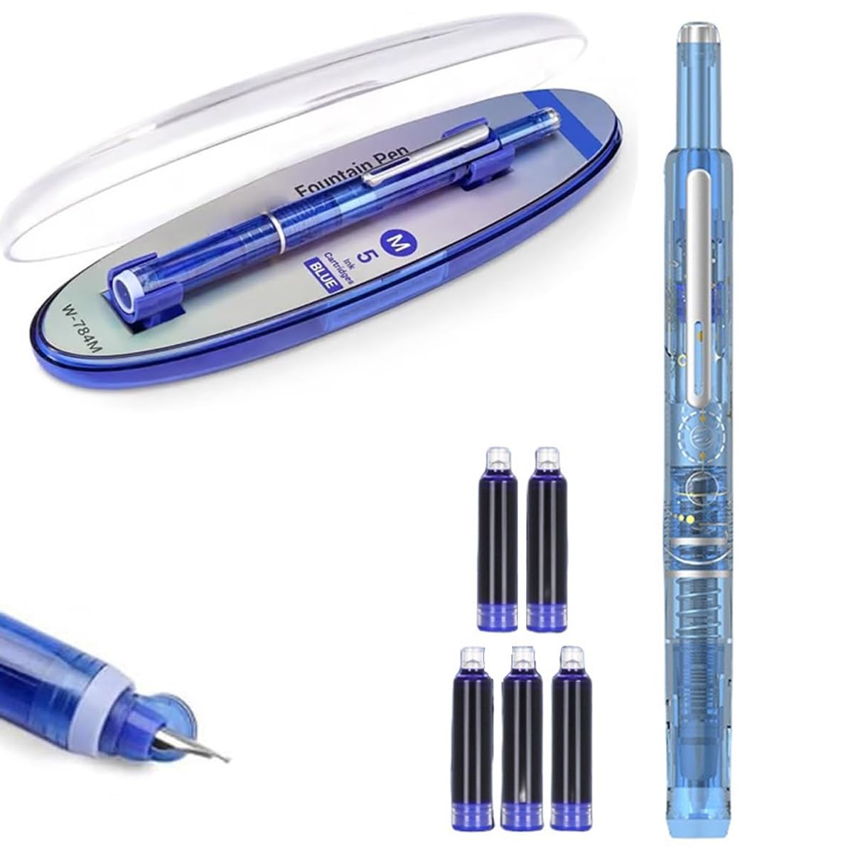 Fountain Pen Retractable: 0.38mm Blue&black Ink Transparent Barrel Includes 5 Refillable Ink Cartridges, Multicolor Pressable Medium Nib Fountain Pen, Smooth Writing No Leaking, Practical Gifts