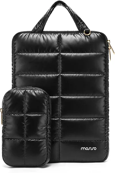 MOSISO Shiny Puffy Laptop Sleeve Compatible with MacBook Air/Pro, 13-13.3 inch Notebook, Compatible with MacBook Pro 14 inch M4 M3 M2 M1, Twelve Rectangle Quilted Bag with Handle&Small Case, Black