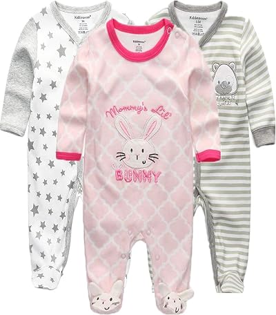 Kiddiezoom Baby and Toddler Boys' 3-Pack Snug Fit Footed Cotton One-Piece Romper Jumpsuit