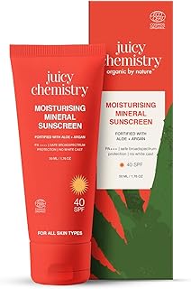 Juicy Chemistry All Moisturising Mineral Sunscreen Spf 40, Broad Spectrum Uva/Uvb Protection Pa++++, No White Cast, Light Weight Non-Greasy & Moisturising Kids & Pregnancy Safe White 50 G