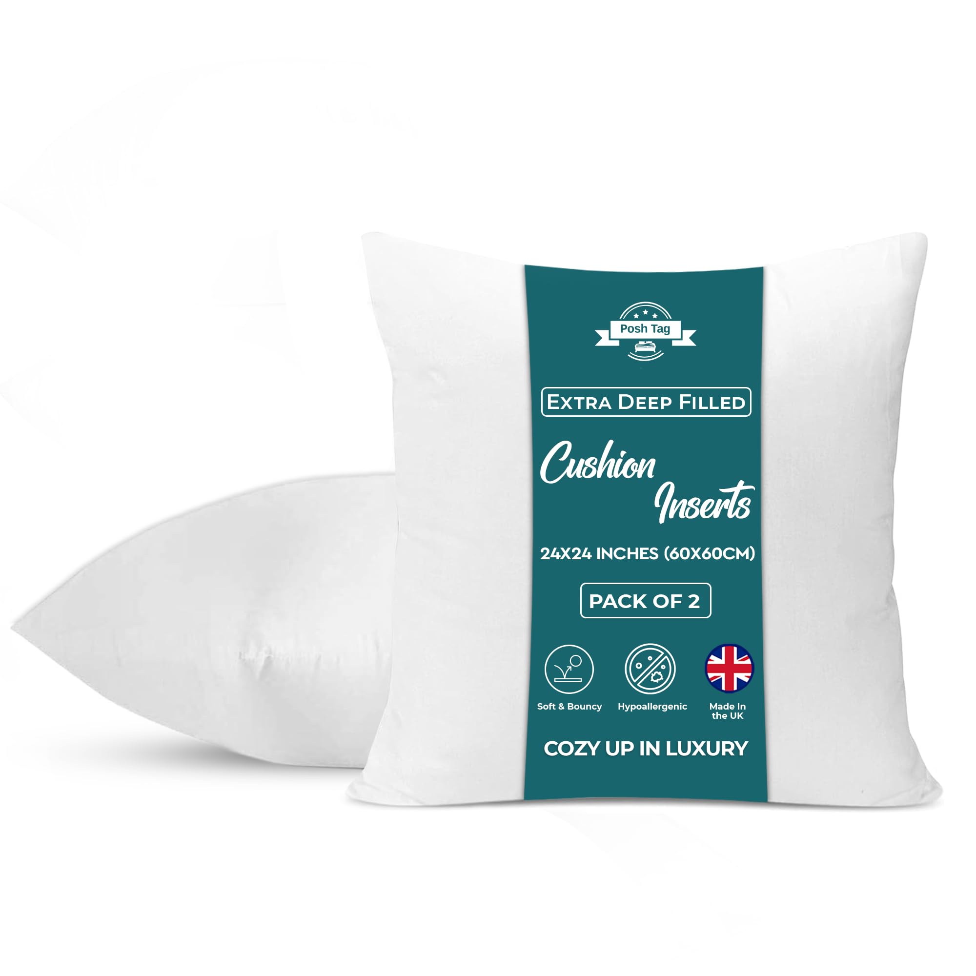 Pack of 2 Cushion Inserts 60x60cm (24x24 Inch) - Extra Deep Filled Hollowfibre Pillow Inners - Non-Allergenic Cushion Fillers & Stuffers — image 1