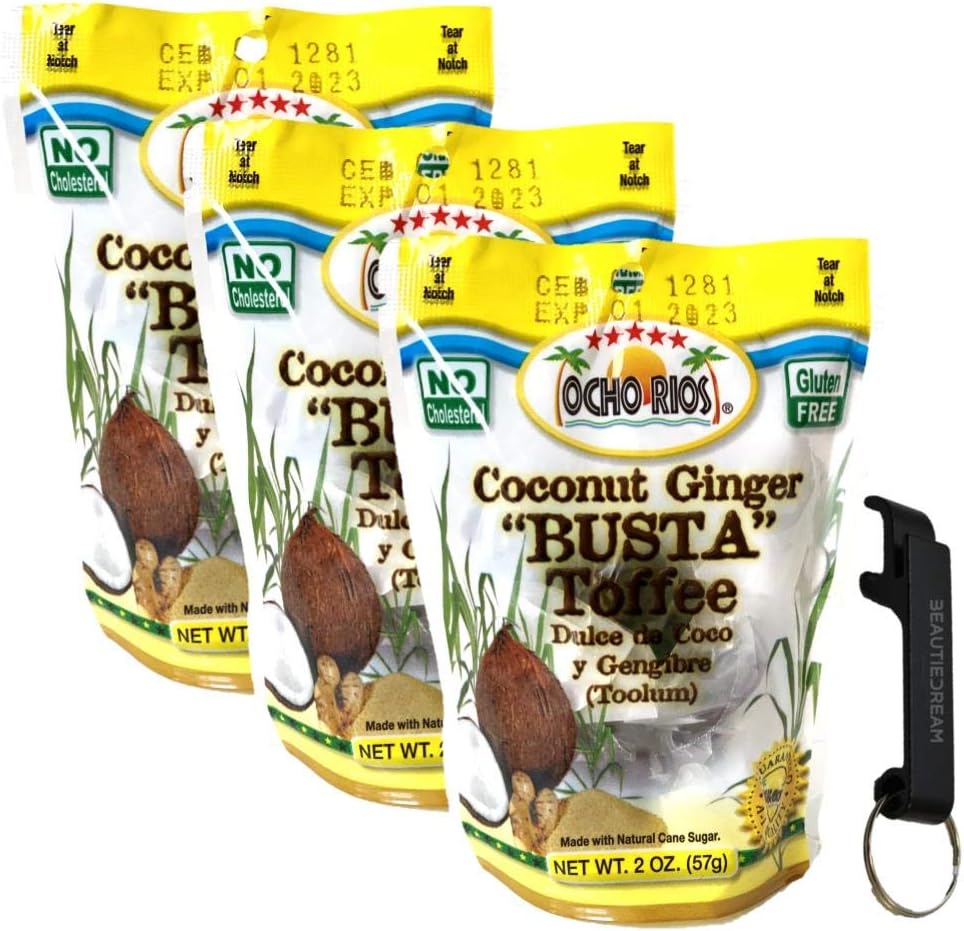 Ocho Rios Busta Candy Coconut Ginger Busta Toffee 2oz Pack of 3 with Keychain Bottle Opener in Sealed O Datz Good Packaging (Pack of 3)