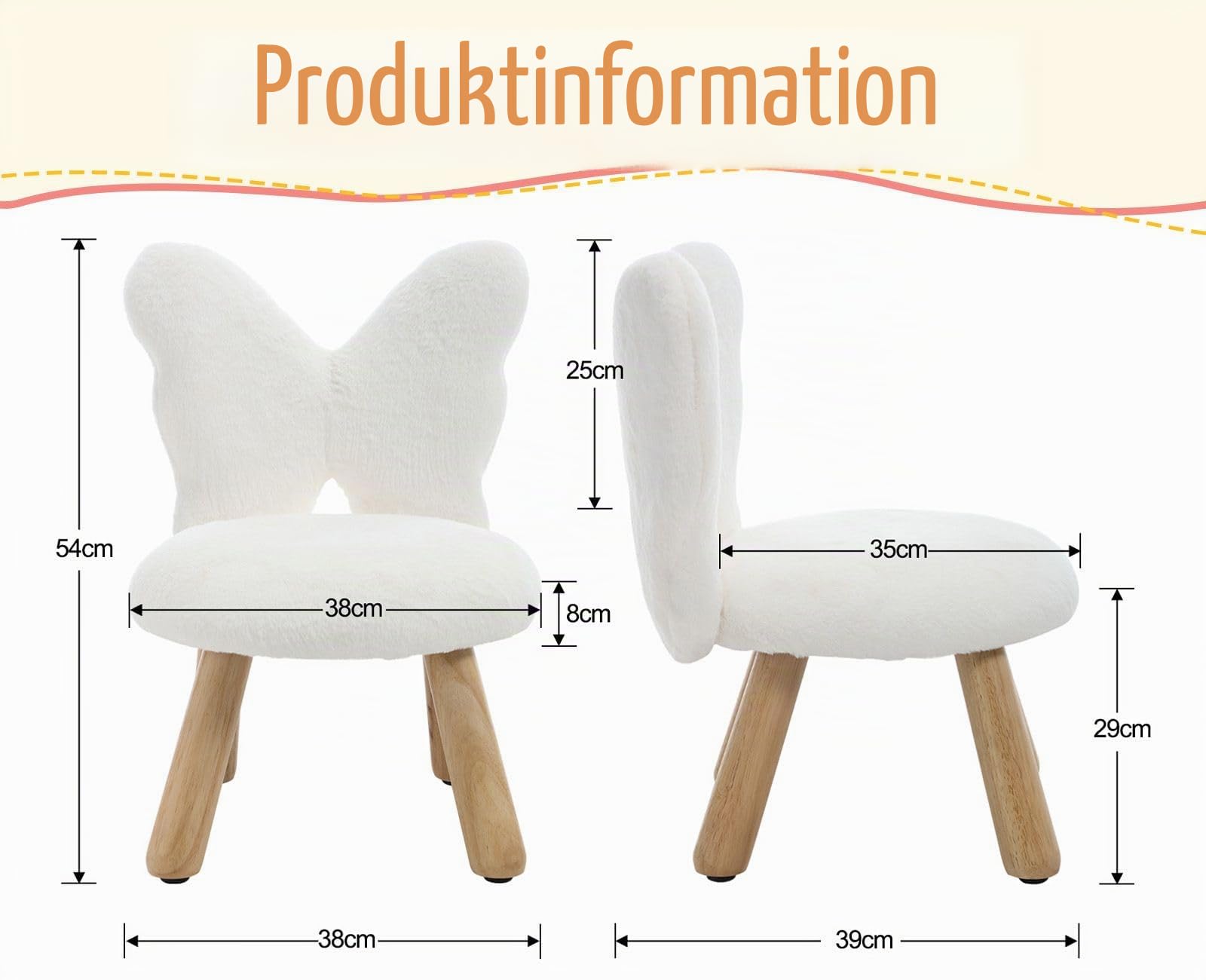 chairus Kindersessel Kunstfell Schmetterling, Weiß | Holzbeine, Gepolstert, Für Kinderzimmer, Für Spielzimmer