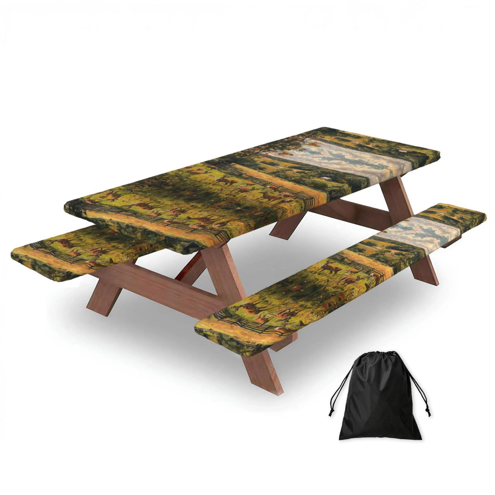 Zyjhyy Black Farm With Deer Print 3 Pack Wipeable Picnic Bench Cover And Table Cover Lightweight Table Cloth For Camping Outdoor