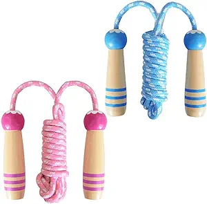 2 Pcs Jump Rope for Kids Adjustable, Lorvain Kid Jump Ropes for Girls Boys Skipping Rope for Kids with Wooden Handle Cotton Braided Outdoor Fun Activity for Exercise Fitness Children Students Preschoo