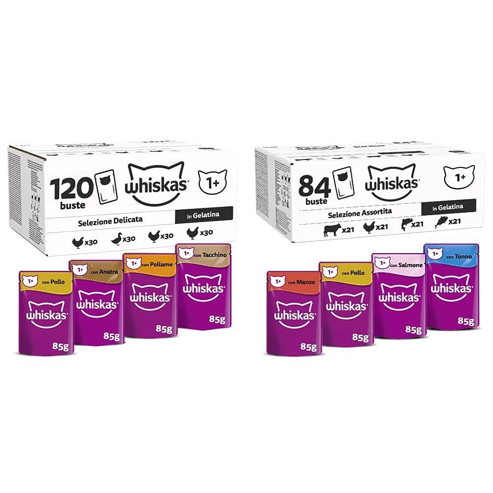 Whiskas Selezione Delicata in Gelatina 1+, Cibo Umido per Gatti, Pacco Formato Scorta & Selezione Assortita in Gelatina 1+, Cibo Umido per Gatti, Pacco Formato Scorta