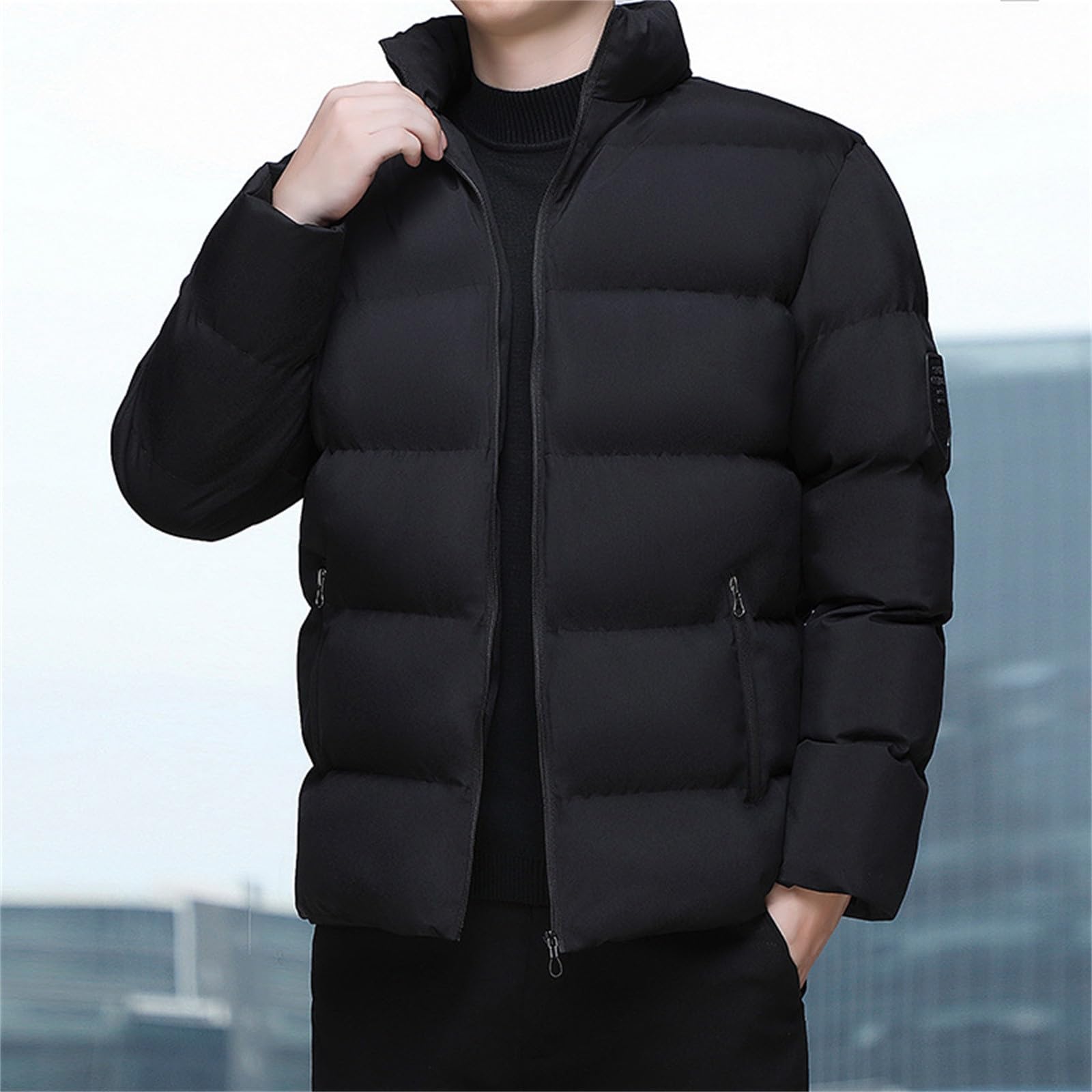 SRZYMJ Schwarz Winterjacke Herren Daunenjacke mit Reißverschluss Warm Jacke Leichte Steppjacke Bequeme Casual Puffer Jacket Basic Übergangsjacke Outdoor Softshelljacke Winter Kleidung Mantel