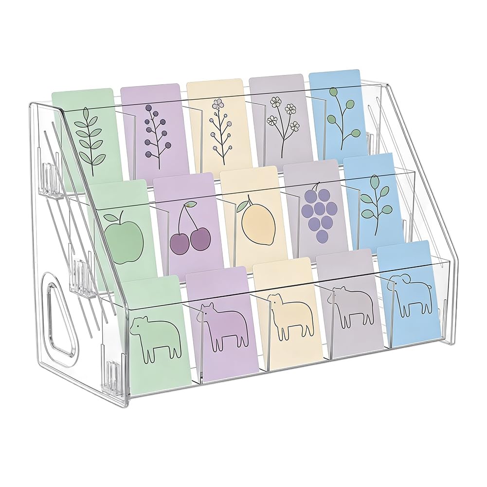 NBEADS 1 Set Bookmark Display Stand, 3-Tier 15-Grid Acrylic Card Display Stand Portable Sticker Holder for Vendor Events Retail Greeting Cards Postcards Stickers Brochures, 33.3x14.5x21.8cm