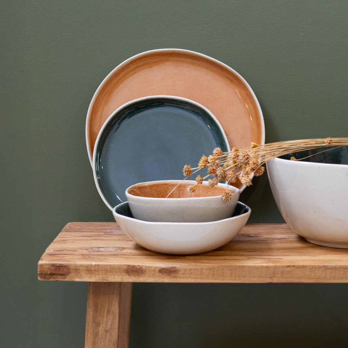 Artime Lot D'Assiettes Creuses En Céramique Émaillée, Couleurs Beige Orange Et Vert, Ø18,5 x H5 Cm, Contenance 680 Ml, Style Naturel Et Contemporain