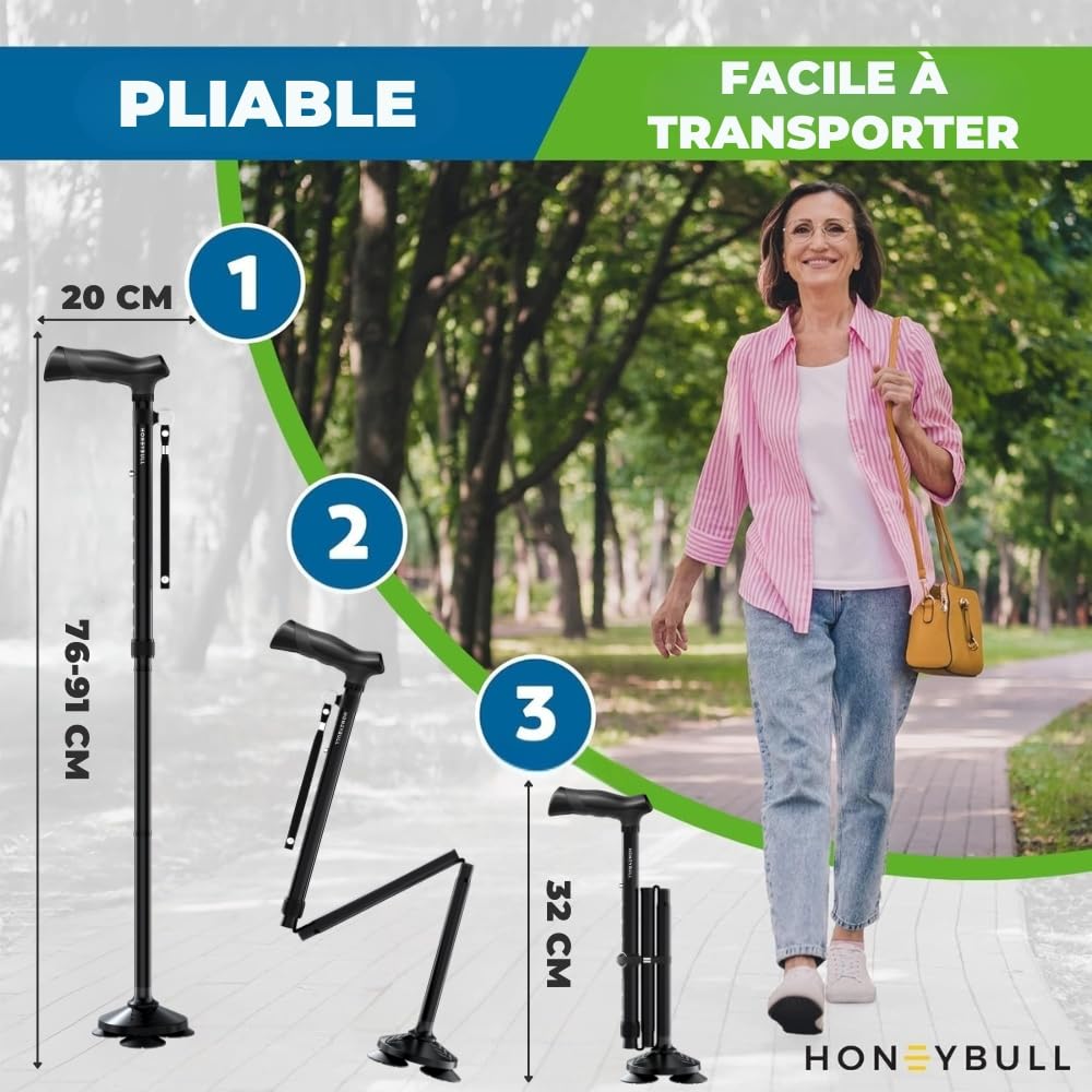 HONEYBULL Canne de Marche Tripode Pliable pour Homme et Femme, Réglable en Hauteur, Base Antidérapante Tout Terrain, Canne en Aluminium Robuste et Légère pour Seniors et Aide à la Mobilité