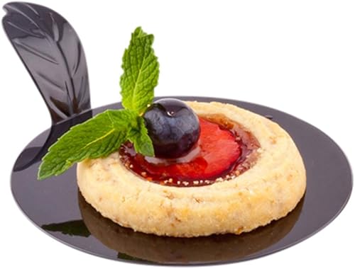 Platos de postre de 3 pulgadas, 100 platos redondos de repostería, con asa, desechables, mini platos de plástico negro, reciclables, para aperitivos