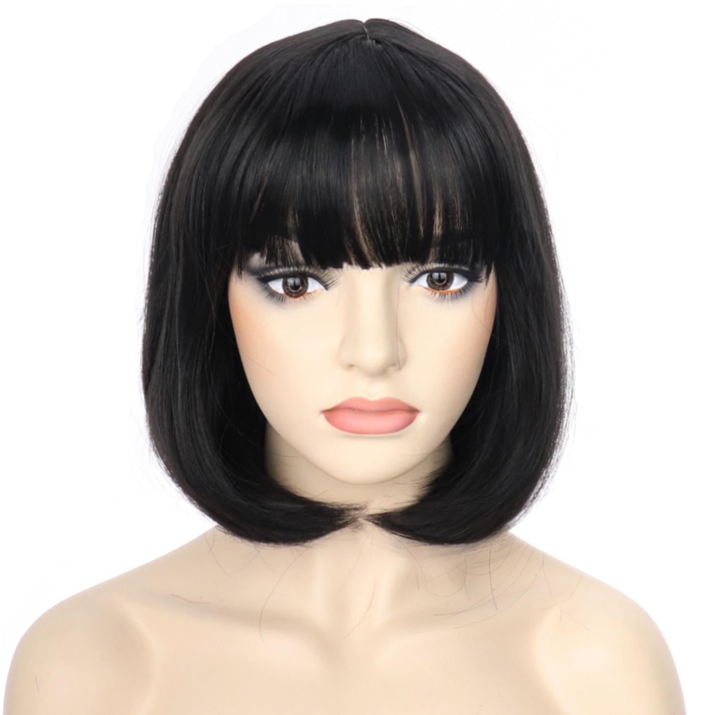 PORSMEER Short Black Bob Wigs with Fringe For Unisex Womens Natural Synthetic Hair Colorful Costume Cosplay Wig for Anime Halloween Fancy Dress Party+Wig Cap