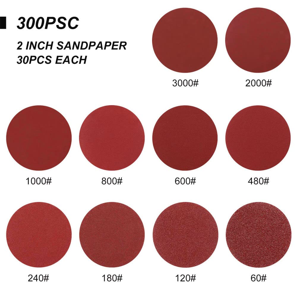 304 piezas de papel de lija de 2 pulgadas combinaci¨®n de grano 60-3000 2 pulgadas con almohadilla de anillo de mango de 6 mm almohadilla de????esponja para pulir herramientas de limpieza, traje