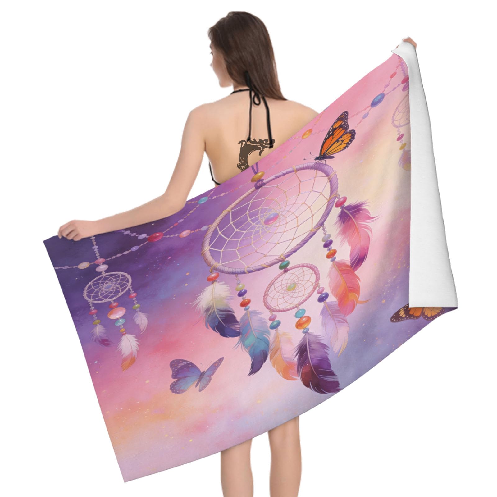 Leichong 3D Watercolor Dreamcatcher Beach Towel Large Microfiber Soft Quick Dry for Adults, Ethnic Style Bath Towel Lightweight Soft Absorbent for Travel Swimming Pool Sports, 80 x 160 cm
