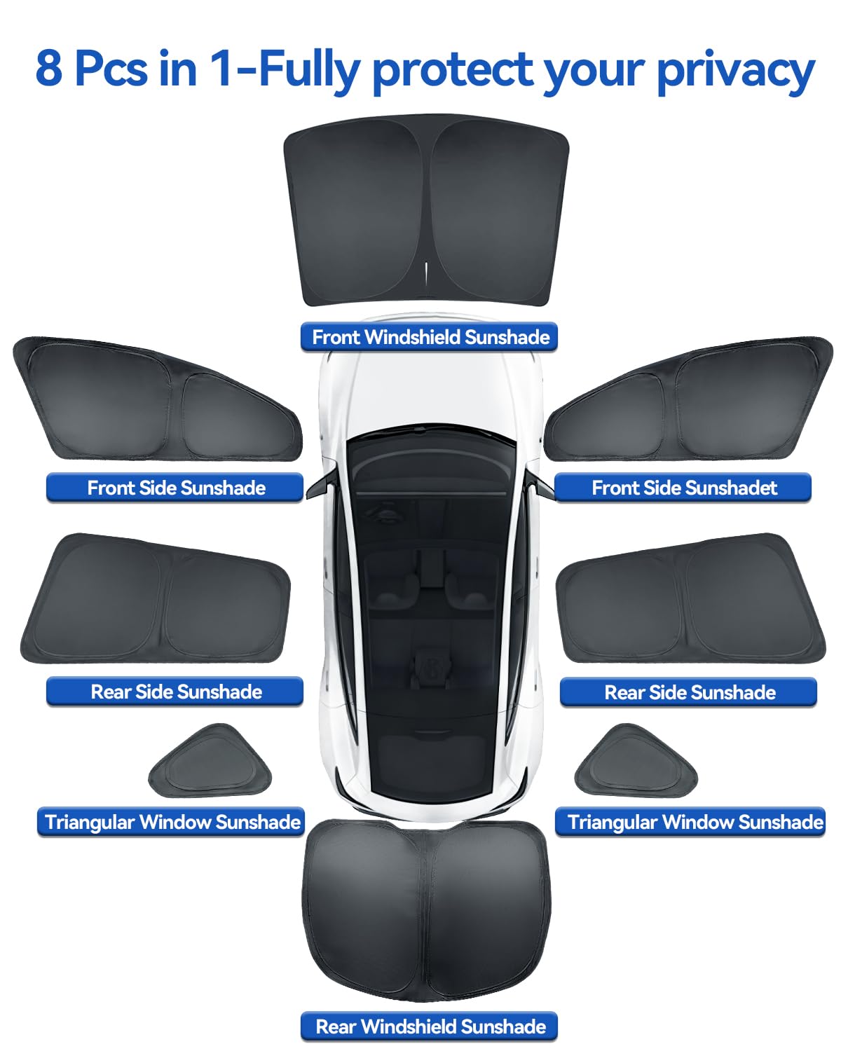 Auto-Sonnenschutz 8 Stück für Tesla Model Y 2025-2026 Juniper Design für Windschutzscheibe Heck-Seitenfenster komplettes Set Camping Privacy Curtains UV-Schutz fürTesla Model Y Zubehör