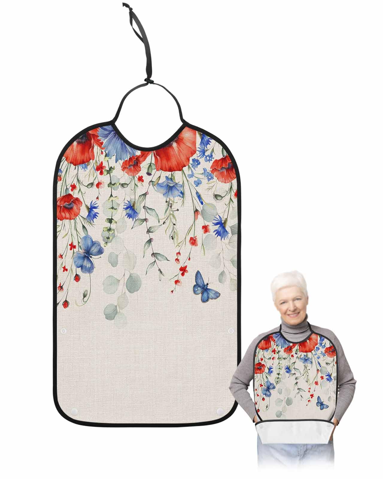 LEOKOTI Blue Red Spring Floral Adult Bibs for Eating, Waterproof Bibs with Food Catcher & Snap Closure, 4th of July Butterfly Botanical Rustic Washable Clothing Protectors Adult Bibs for Elderly
