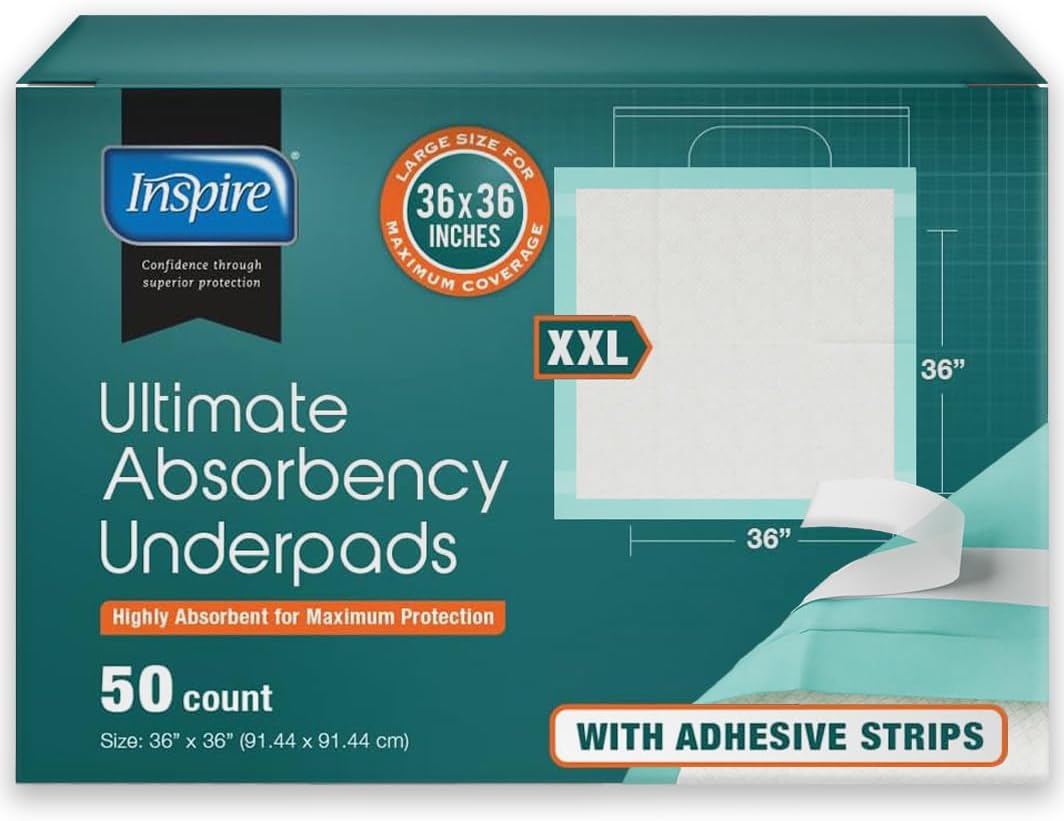 Inspire Extra Large Super Absorbent Disposable Bed Pads for Incontinence Ultra Thick and Absorbent Bed Pads Disposable Adult | Puppy Pads | Pee Pads for Adults (36" X 36" Pack of 50 W/ Adhesive)
