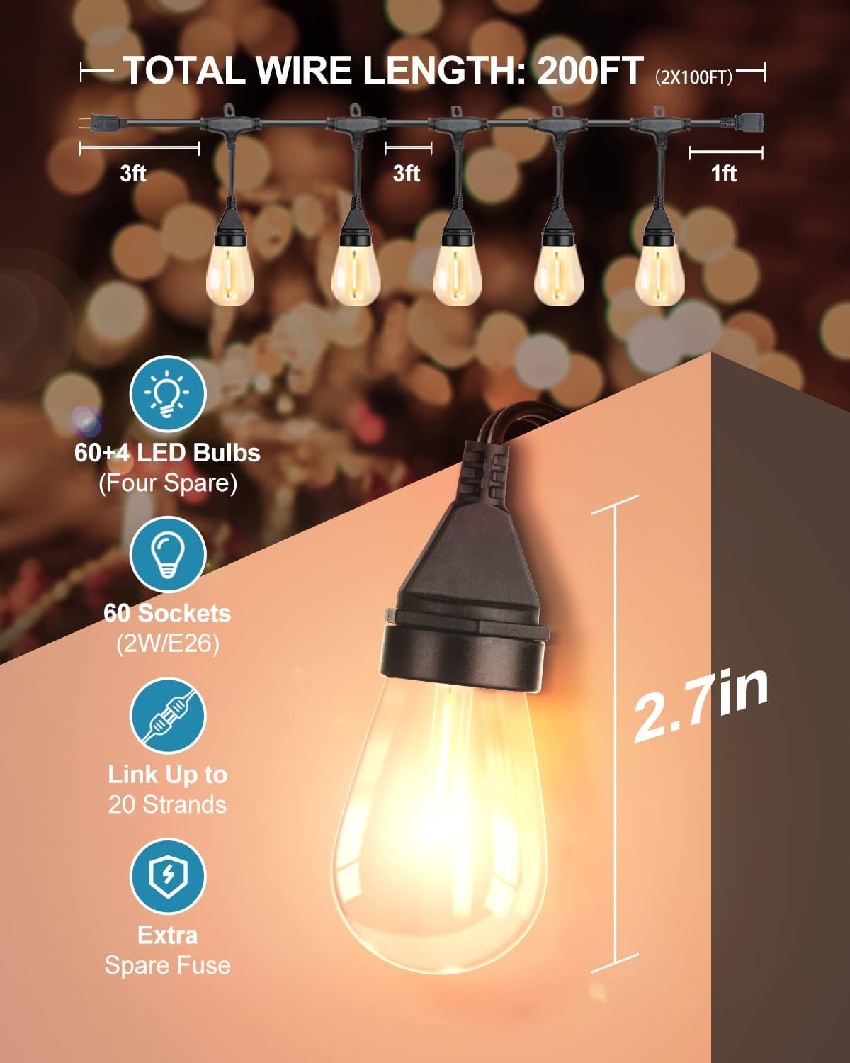 Lightdot 200 FT (2x100FT) Outdoor Dimmable Linkable Heavy Duty Led Light String with 60+4(Replaceable) 2W Shatterproof LED Bulbs, Hanging Lights for Cafe Bistro Gazebo Garden Backyard - ETL Listed