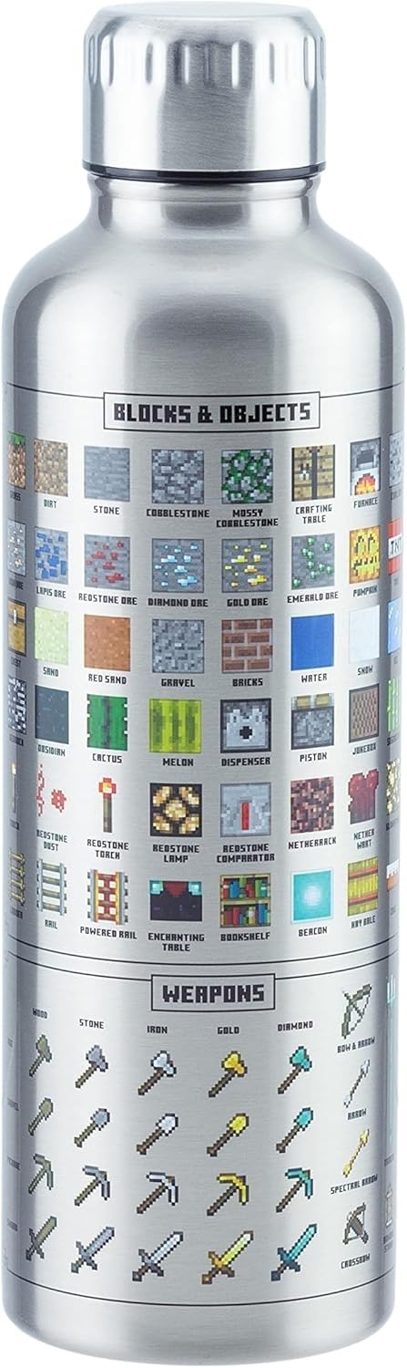 Paladone Minecraft Metall-Trinkflasche - Offiziell lizenziert, auslaufsicher, für heiße & kalte Getränke, mit In-Game-Items, Geschenk für Minecraft-Fans, 470 ml (16 Fl Oz)