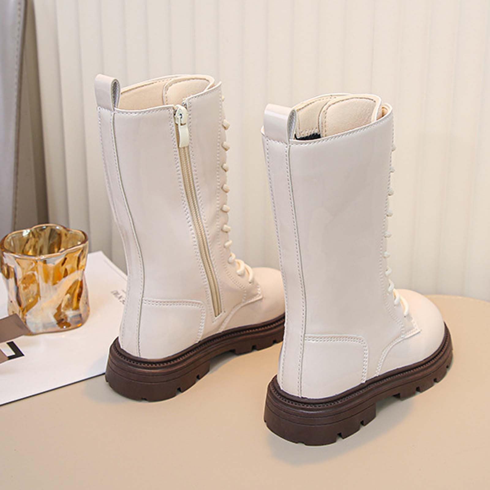 Mädchen Stiefel Langschaft Schnürstiefel Leder Glänzende Boot