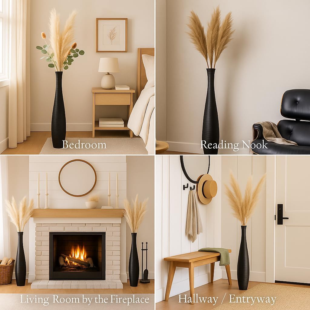 Leewadee Large Black Home Decor Floor Vase - Wooden 34 inch Tall Farmhouse Decor Flower Holder for Fake Plant and Pampas Grass