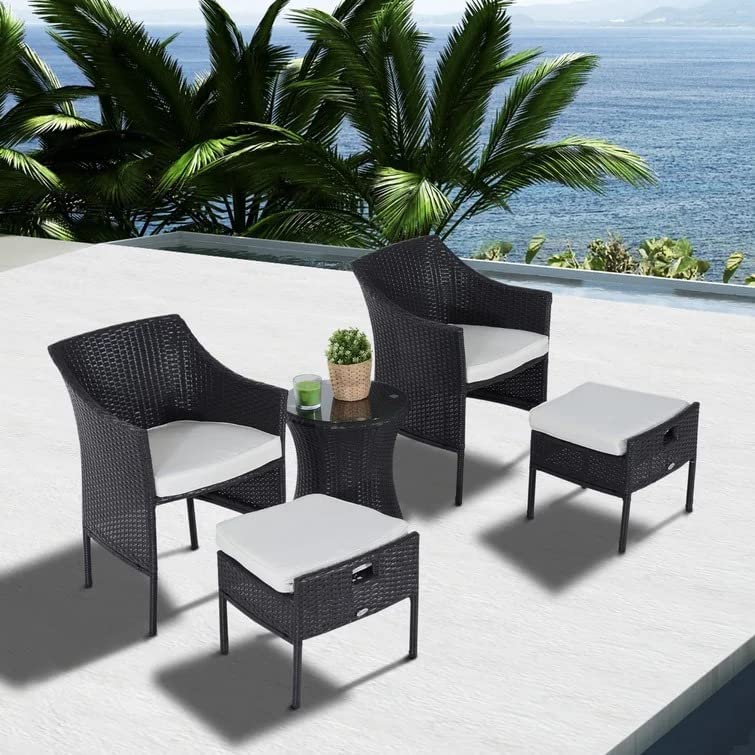 5 Piece Outdoor, All Weather Rope Weaving Patio Furniture Set Conversation Sets, Outdoor Rope Weaving Furniture with Ottoman, Patio Bistro Set for Backyard Porch,Backyard Pool, Off-White-image-35