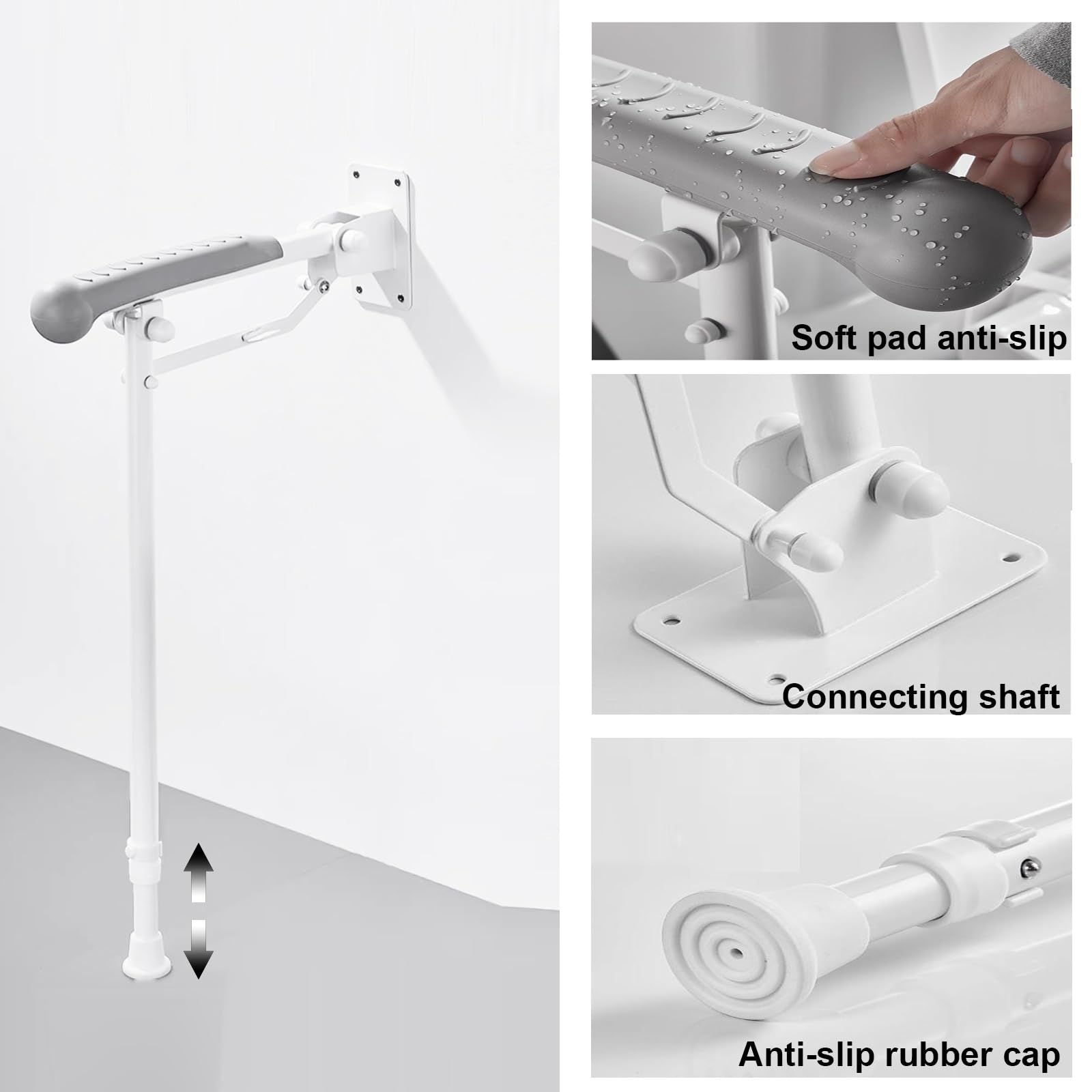 Barra de Apoyo para Inodoro, Altura Ajustable, Plegable con Pata, Ayuda para el baño, Agarre Antideslizante y Almohadilla de Goma (42 cm/17 Pulgadas)