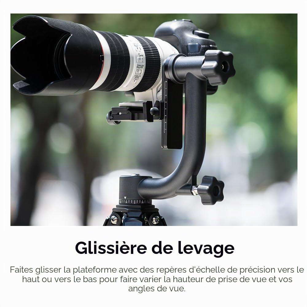 K&F Concept Tête de Trépied Panoramique 360° en Aluminium Plaque Rapide Standard 1/4" et Niveau à Bulle, Plage de Levage 70mm Charge 20KG pour Caméra Appareil Photo Reflex Numérique DSLR