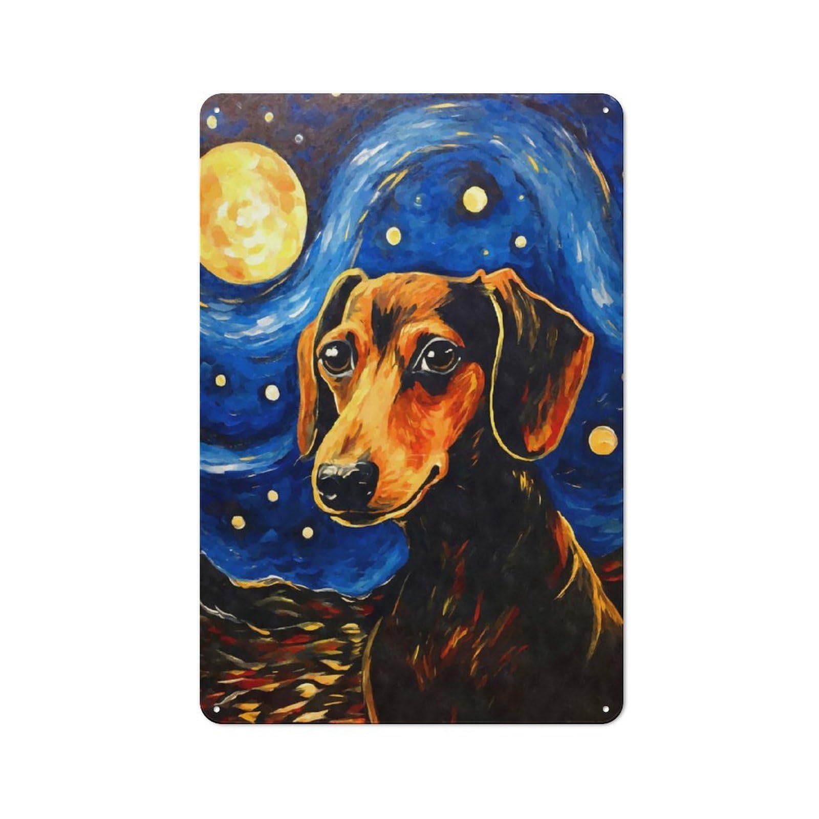 Junmoney Style-16 30X20cm Rustic Tin Sign With Dachshund Starry Night For Home Office Or Studio, For Metal Sign Collectors, For Garage And Workshop Walls
