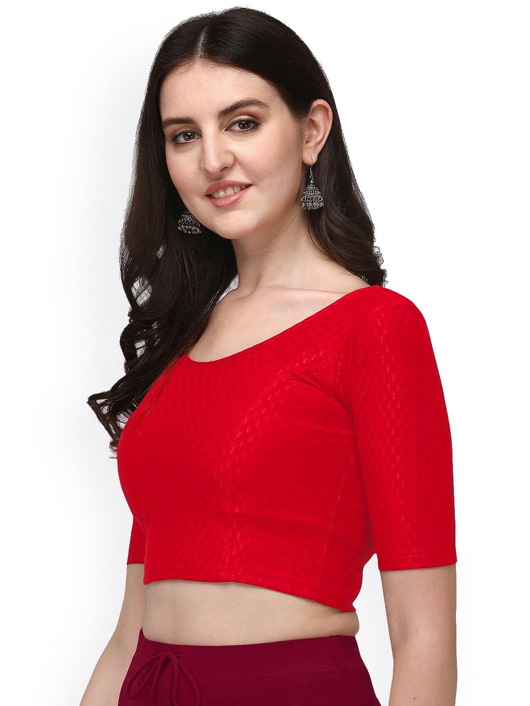 Dobby Cotton Spandex Blend Strechable Readymade Saree Blouse for Women Casual wear Comfort Blouse Round Neck Half Sleeves Red Size 38"-image-25