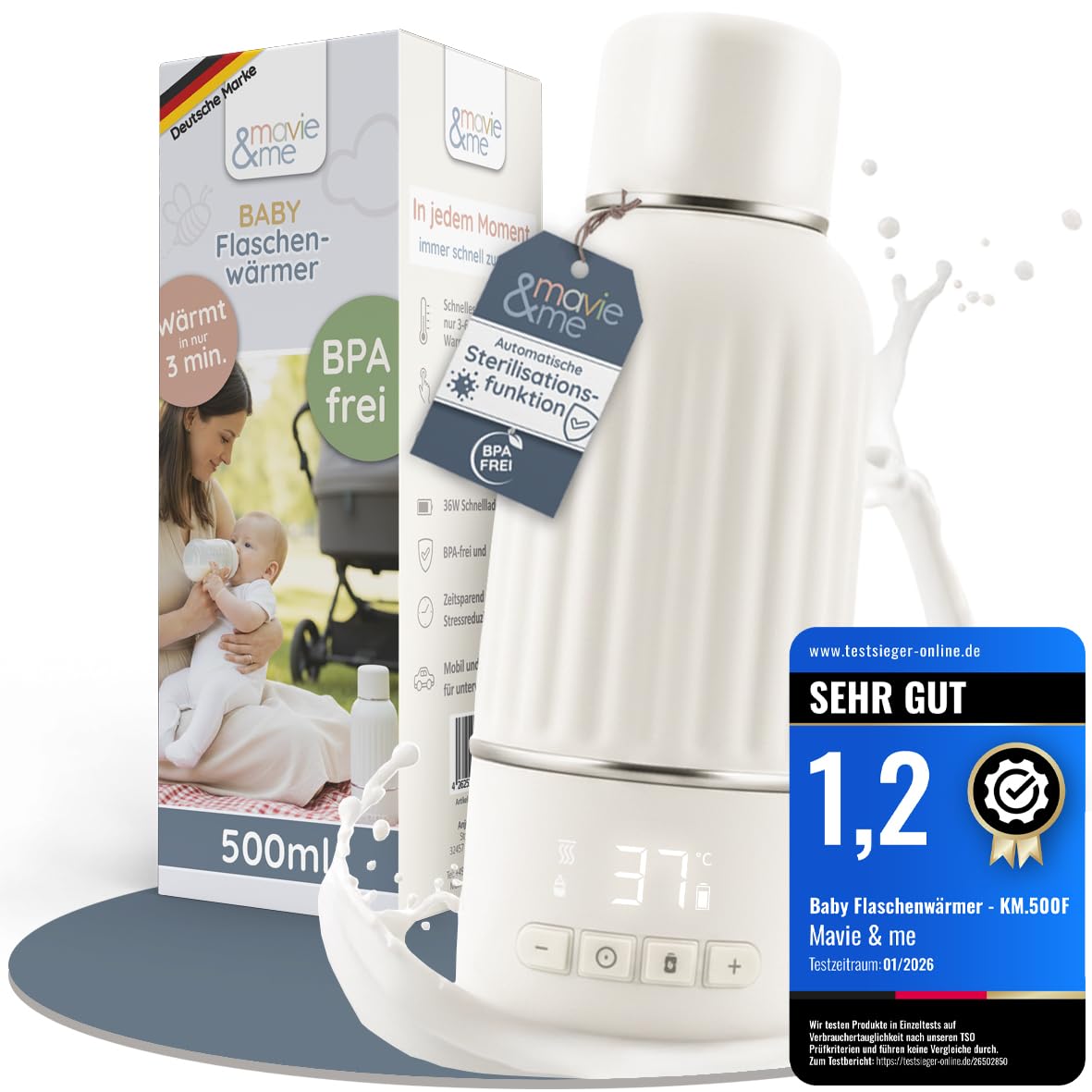Baby Flaschenwärmer 500ml BPA frei & Sterilisation Schnellaufheizen in 3 Min tragbarer Milchwärmer & Muttermilch Erwärmer mobiler Wasserwärmer Portable Warmer mit Akku (matt weiß)