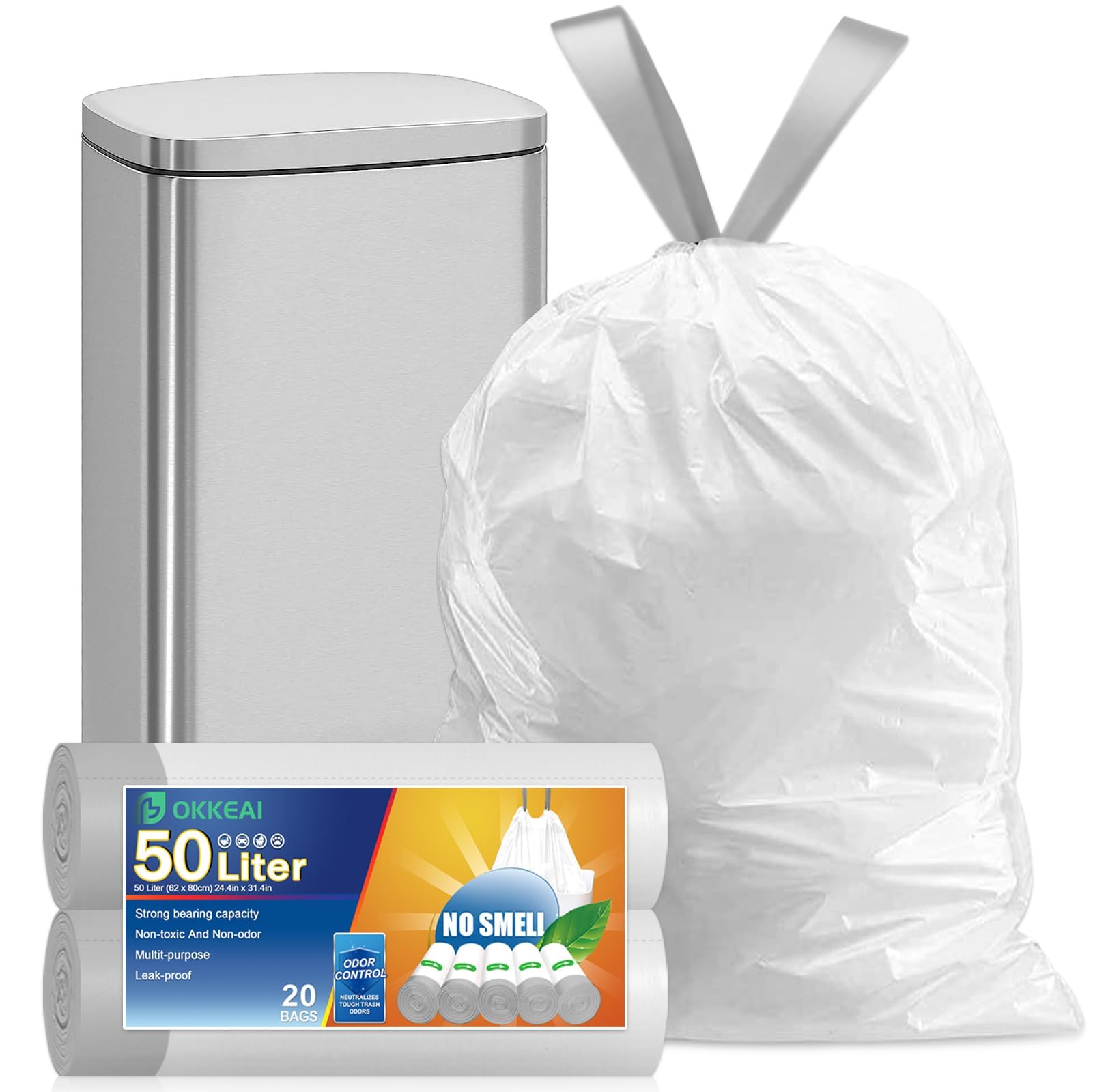 OKKEAI 50L Bin Liner Kit - Heavy Duty Tall Swing Rubbish Bags, 20 Counts Plastic White Trash Bags with Drawstring Tie Handle, Fit 40-60 Liter Bin