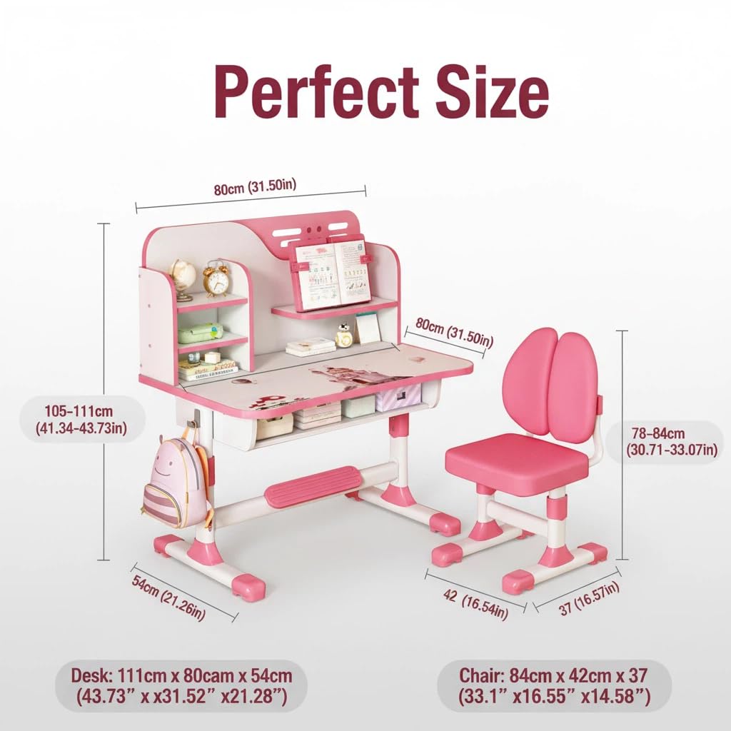 Set Scrivania e Sedia per Bambini, Regolabile per Camera da Letto delle Ragazze, Design Ergonomico, Ampio Piano di Scrittura, Libreria e Cassetto, Bambini da 3 a 18 Anni