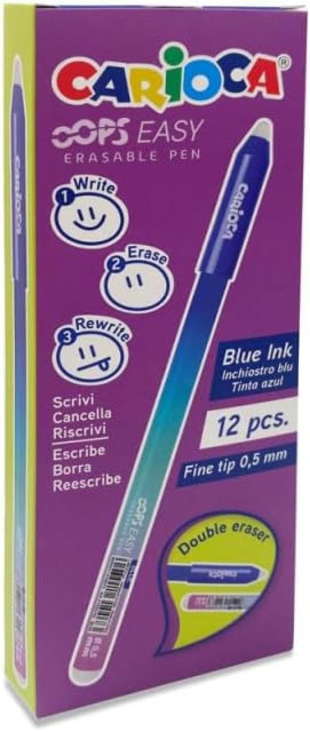 CARIOCA Oops Erasable Pens Reusable Erasable Pens For School, College And Office With Built-in Rubber And Ergonomic Handle, 12 Pack Blue Pens - View #4