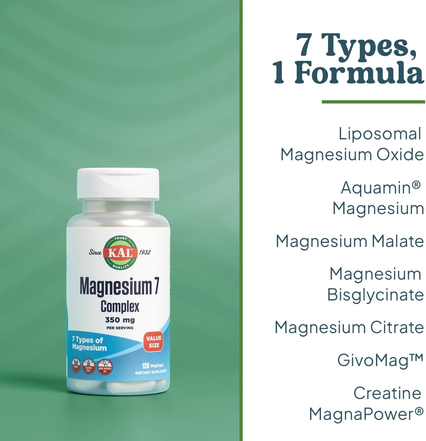 KAL Magnesium Complex 7 - Total Complex with Magnesium Glycinate, Citrate, Malate and More - Relaxation and Whole Body Support Supplements - Vegan, 60-Day Guarantee - 60 Servings - 120 VegCaps - Image 3