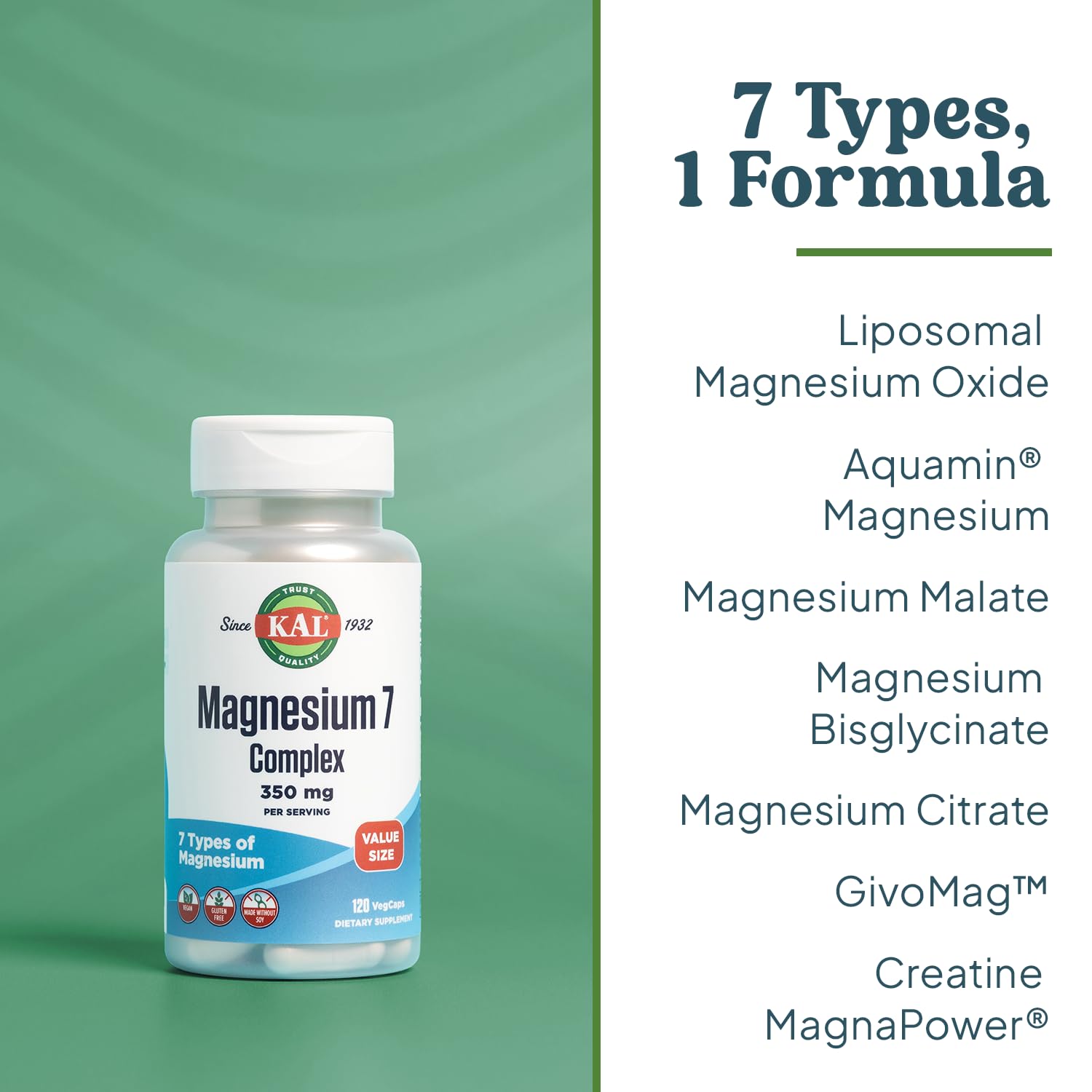 KAL Magnesium Complex 7 - Total Complex with Magnesium Glycinate, Citrate, Malate and More - Relaxation and Whole Body Support Supplements - Vegan, 60-Day Guarantee - 60 Servings - 120 VegCaps — Amazon image 3