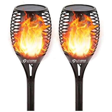 LITVERSE Solar Outdoor Lights 96 LED Higher & Larger Flickering Flame Solar Torch Lights Waterproof Solar Dancing fire mashaal Landscape Decoration Lighting Auto On/Off Security - 2Pack