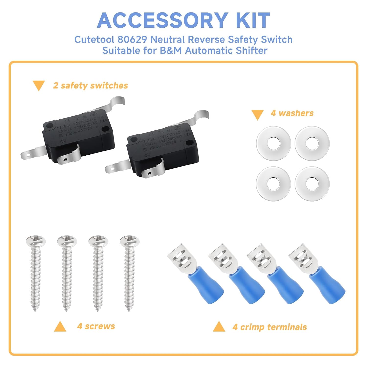 (2pcs) 80629 Neutral/Reverse Safety Switch Compatible with B&M Automatic Shifter Replacement Micro Switch with Crimp Terminals, Washers & Screws for 80675, 80683, 80690, 80840 Shifter