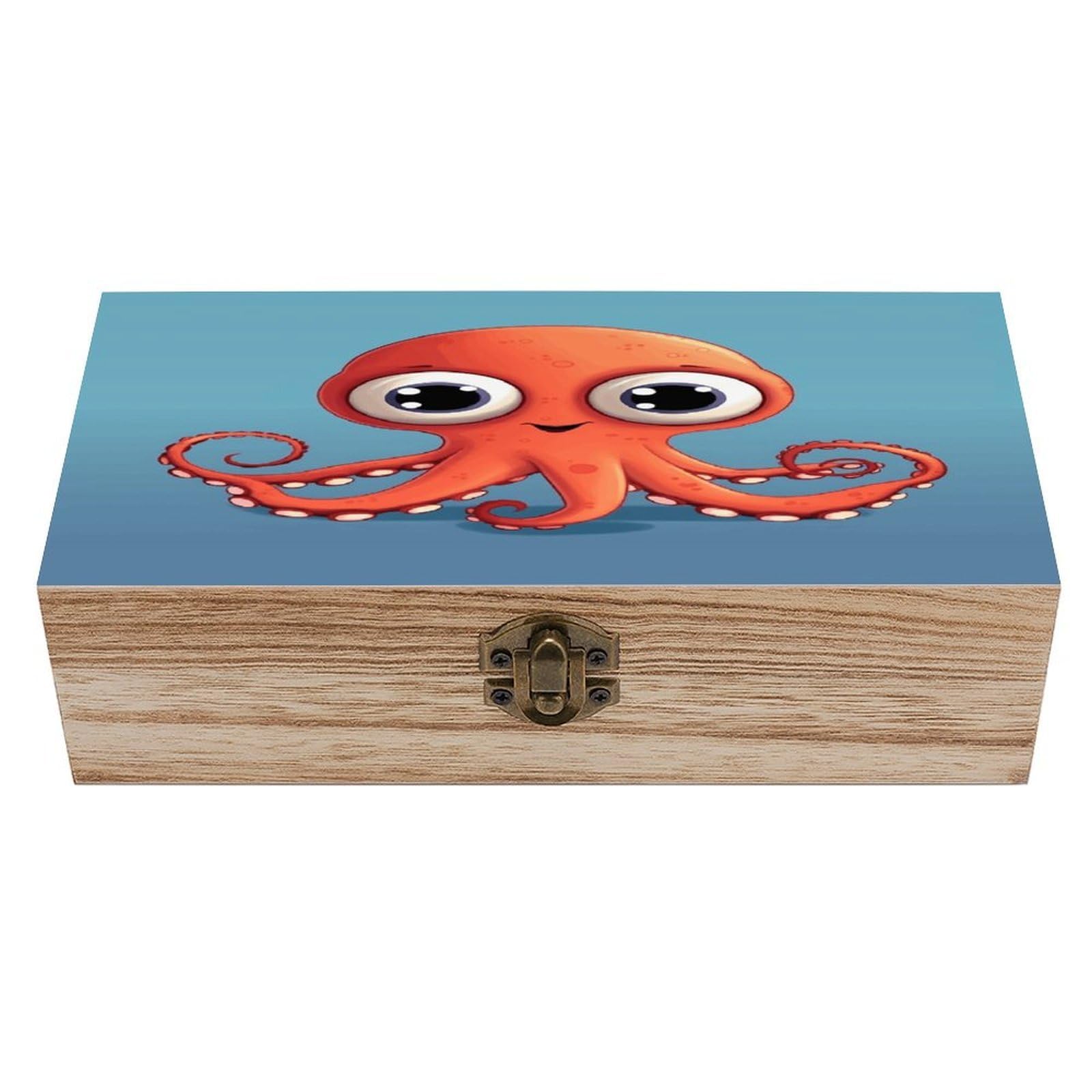 JTREHY Big-eyed Red Octopus Wooden Keepsake Box Vintage-Style Wood Keepsake Case with Hinged Lid Solid Wood Boxes Beautifully Memory Treasure Case Vintage-Style Wooden Storage Box