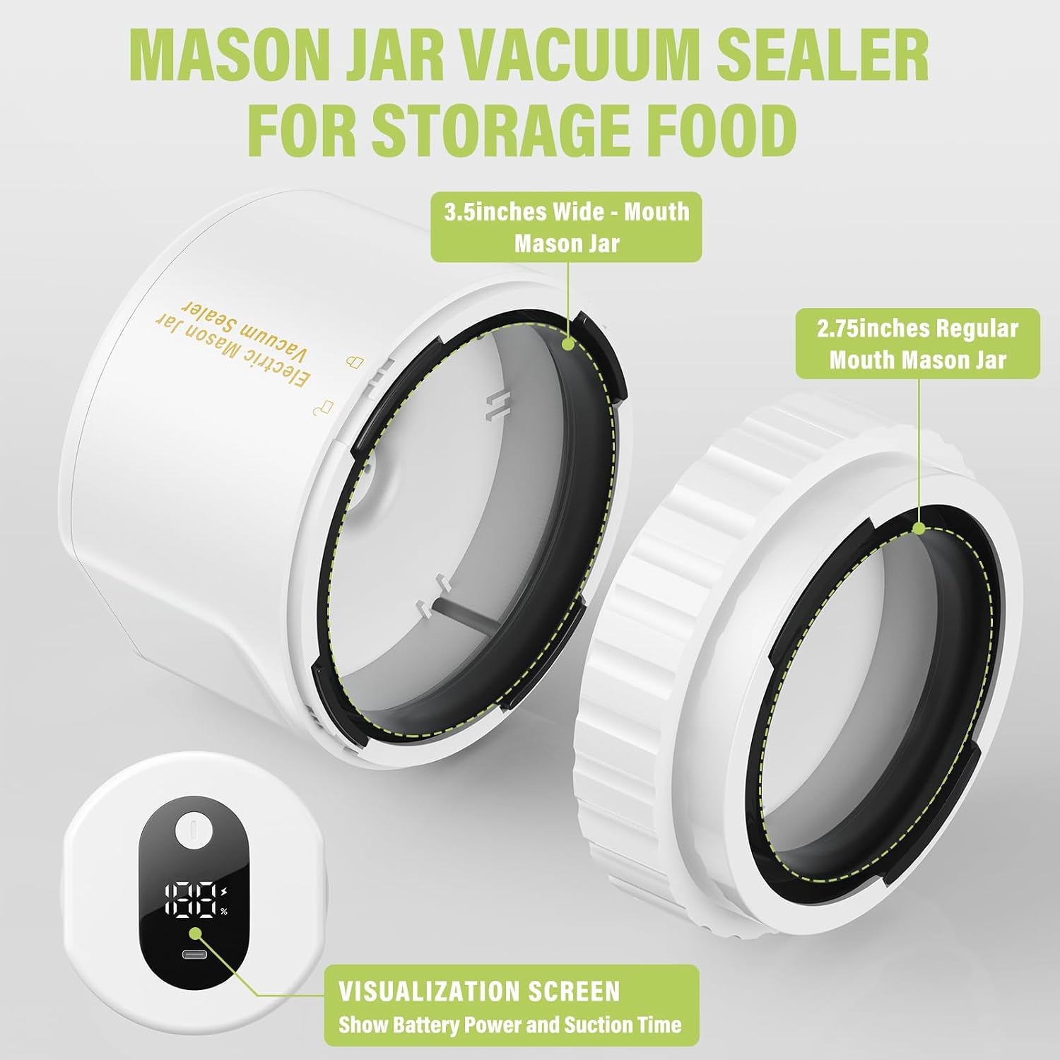 Electric Mason Jar Vacuum Sealer - Jelife Vacuum Sealing Machine with 10 Lids Kit for Mason Wide Mouth and Regular Mouth Jars, 2000mAh Rechargable Vacuum Sealer for Canning Food Saver Storage, White