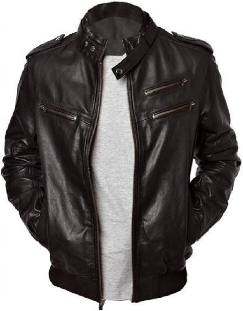 Men's Bomber Jacket in Lambskin Leather with Rib Knitted Hem