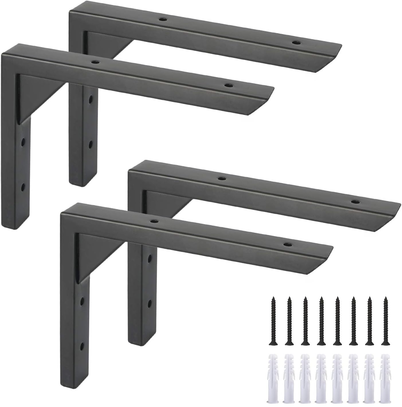 Ouvin Heavy Duty Shelf Brackets 10 inch 4 Pack Wall Mount Black Iron Brackets for Shelves Triangle Sturdy Supports with Screws for Kitchen Bookshelf (Black)