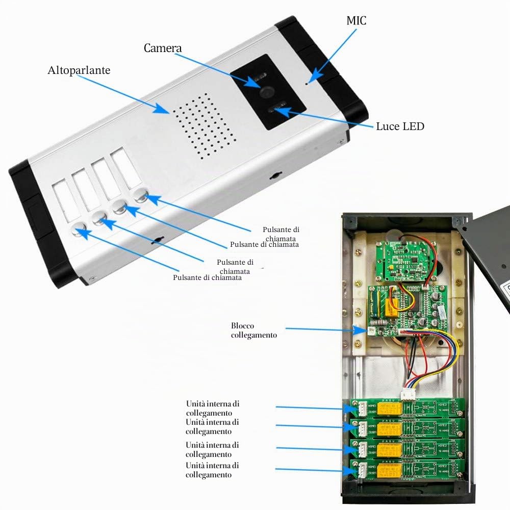 uoweky - Videocitofono cablato 7 TFT-LCD con videocitofono 4 monitor interni + telecamera di visione notturna IR 700TVL ad alta risoluzione per più appartamenti/famiglie