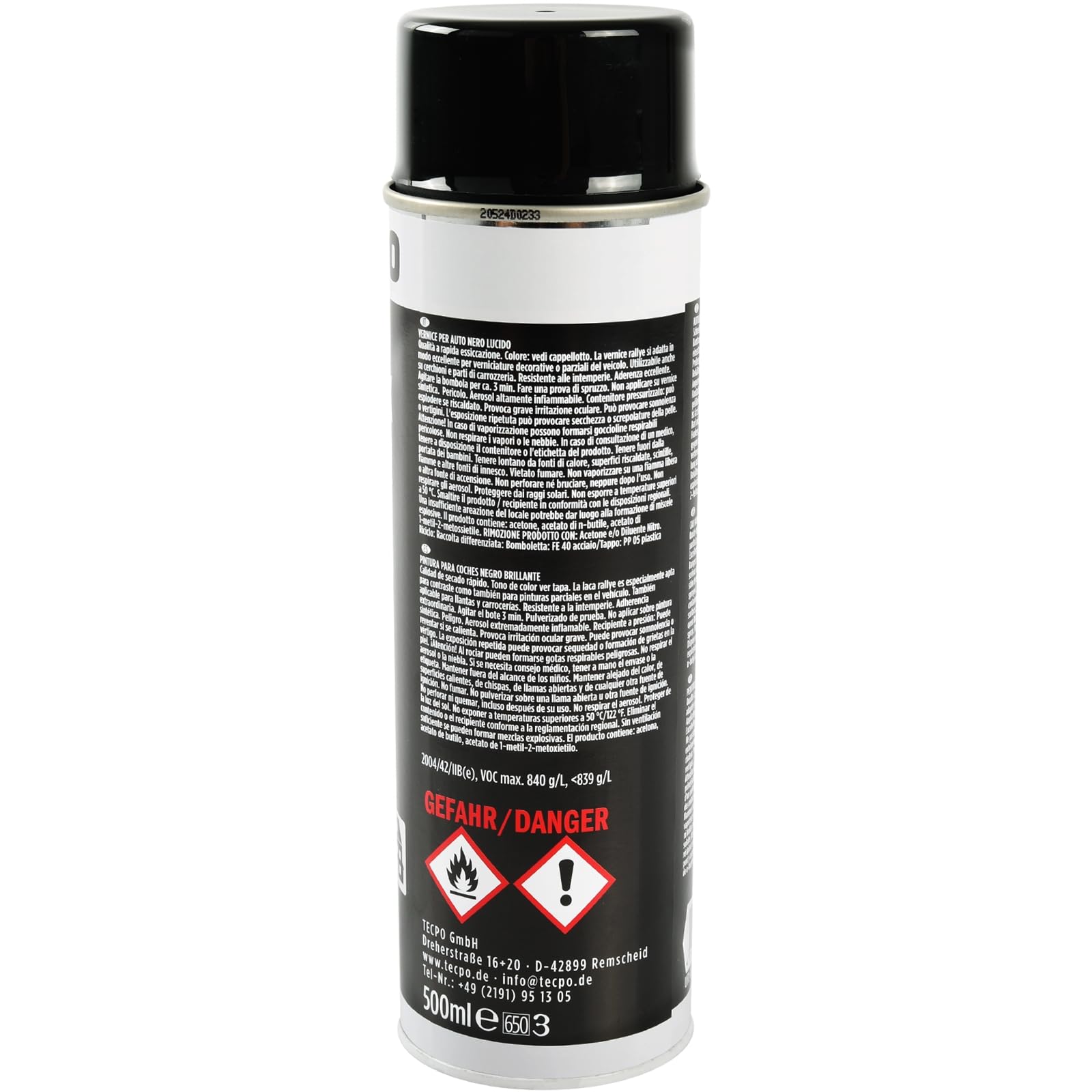 TECPO Lackspray schwarz glänzend, 6x500ml Autolack Rallyschwarz Sprühlack Farbspray mit hoher Deckkraft für Innen- und Außenbereich