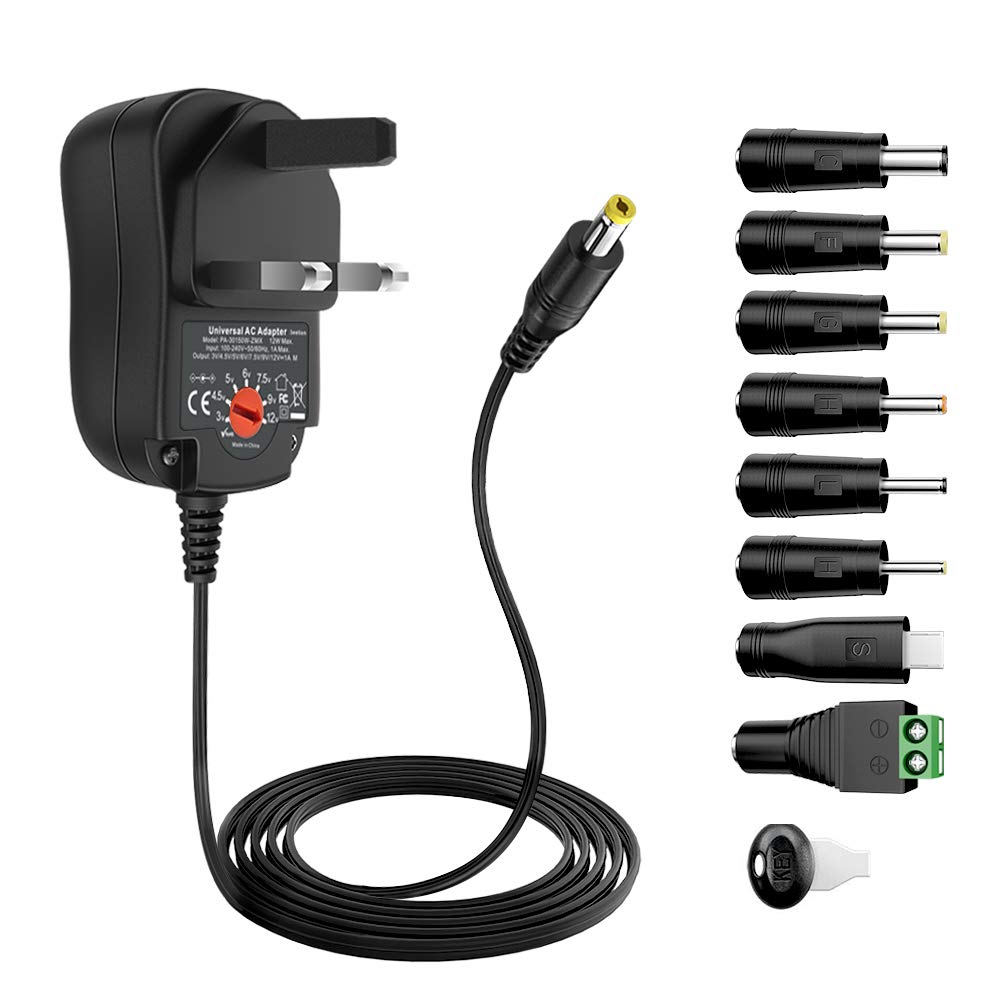 Seelion Universal AC DC Adapter 3V 4.5V 5V 6V 7.5V 9V 12V 1A Power Supply Adaptor Transformer Charger with 8 Plugs for Houshold Electronics, 12W Max.