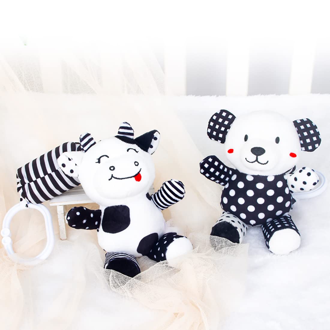 Juguetes de asiento de automóvil para bebé, juguete de cochecito blanco y negro, sonajero colgante para cuna móvil, juguete sensorial para recién nacido para 0 a 12 meses (ternero/panda) 6