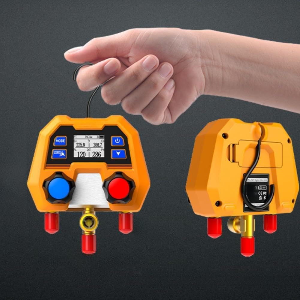Medidor digital de fluoruro HVAC herramienta para reparación de CA, lector preciso de temperatura de presión, cuerpo de metal de doble válvula, color naranja, 110 x 75 x 135 mm