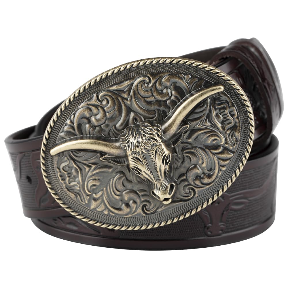 WRJAHCG Men's Western Cowboy Leather Buckle Belt with Longhorn Floral Engraving Belt,brown,100CM/39IN